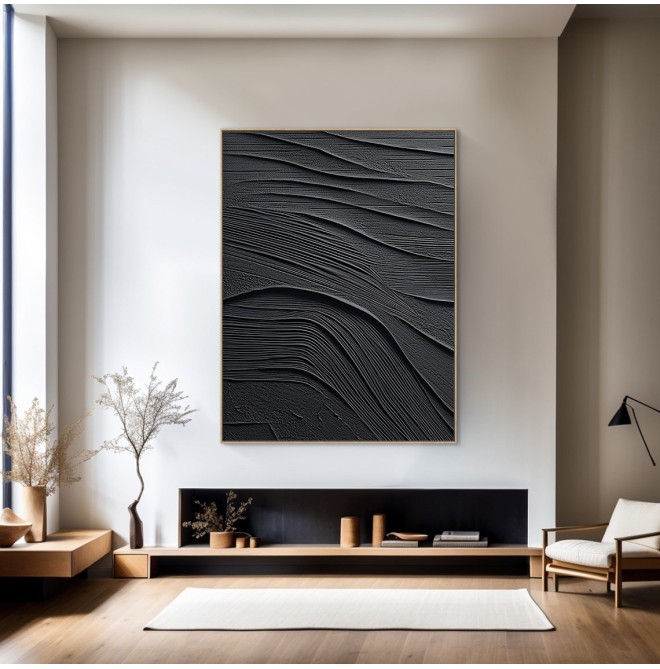 Pure Black Minimalist 3D Texture Mural