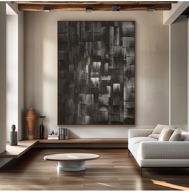 large black and grey textured abstract painting